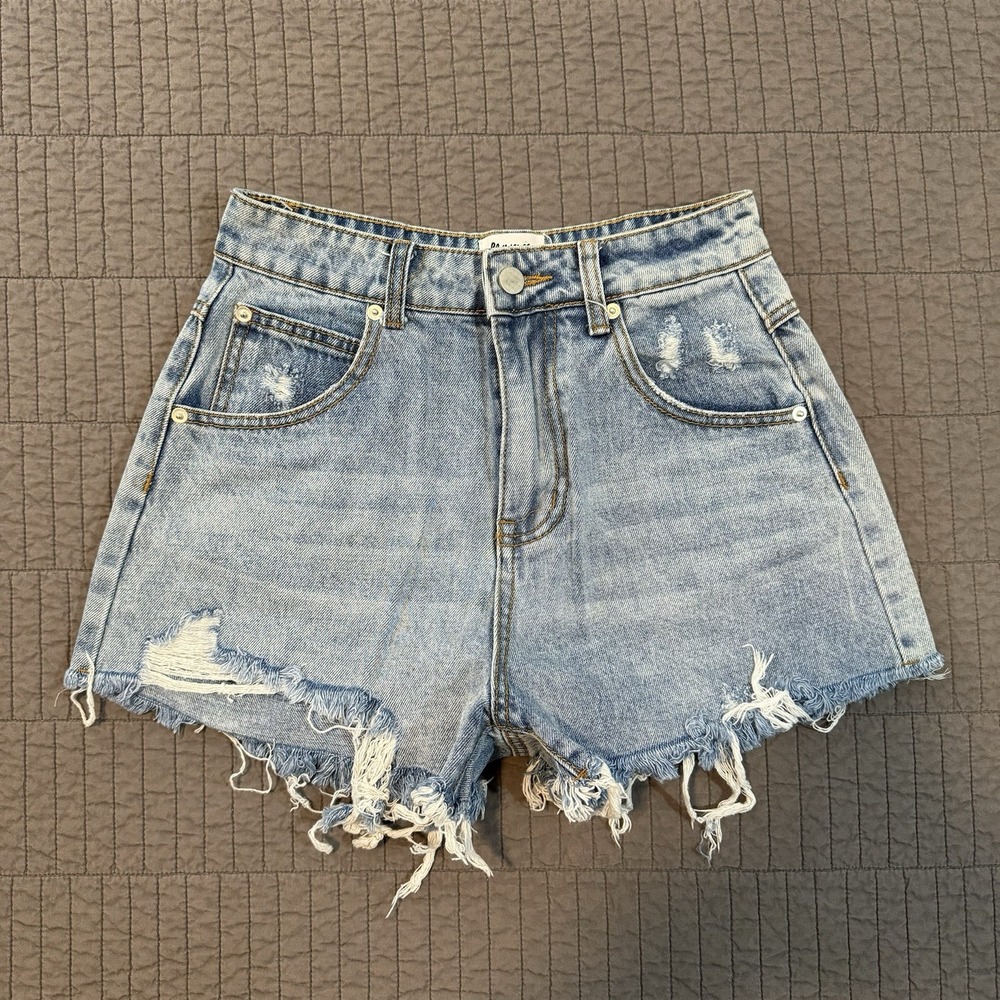 High-Rise Distressed Denim Shorts - Light Blue